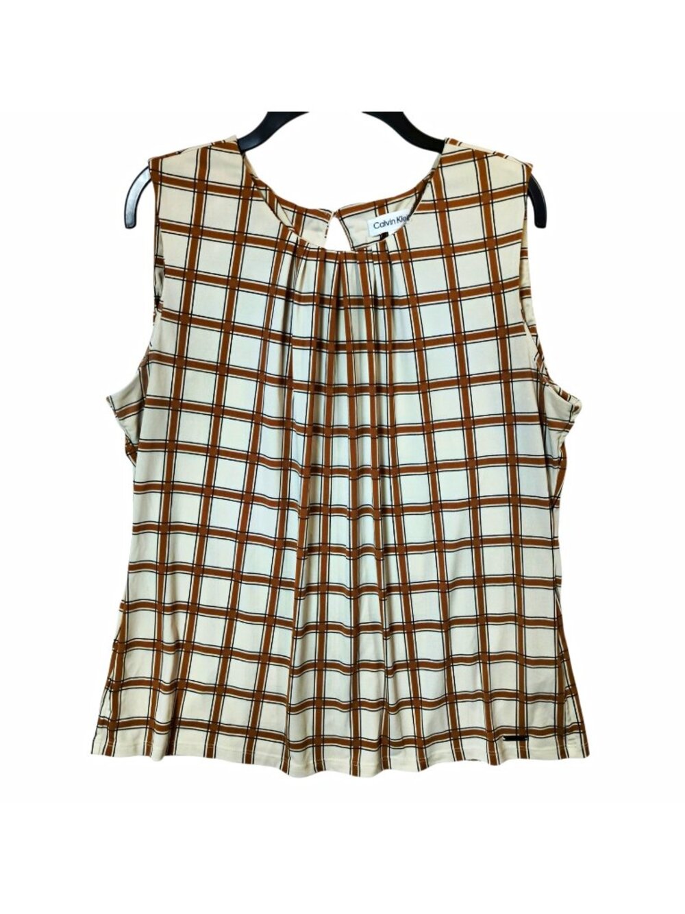 Calvin Klein Women's XL Plaid Sleeveless Tank Blouse Pleated Button Beige